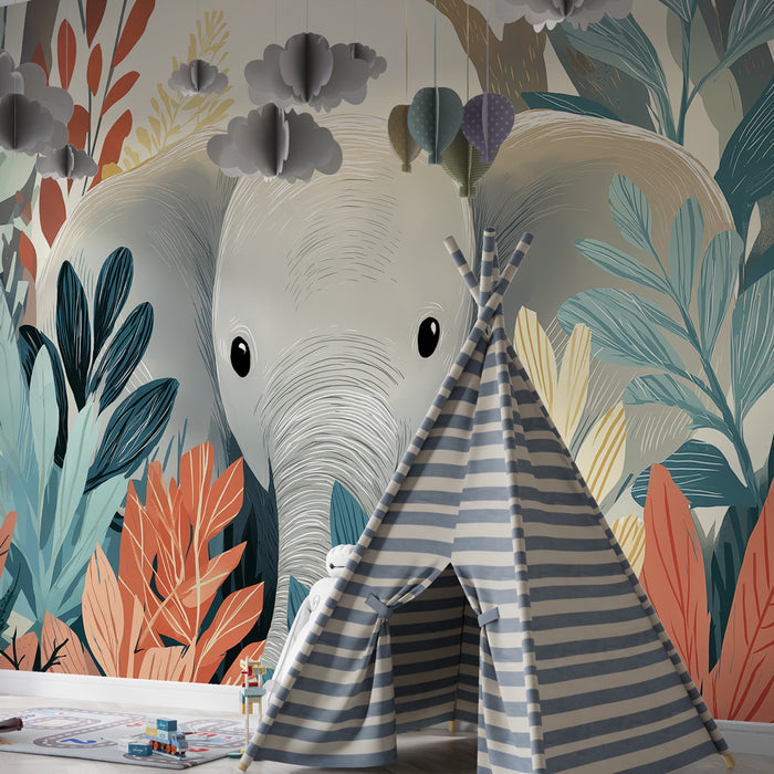 Papier peint chambre enfant | Élégant éléphant au milieu de la jungle