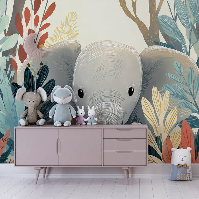 Papier peint chambre enfant | Élégant éléphant au milieu de la jungle