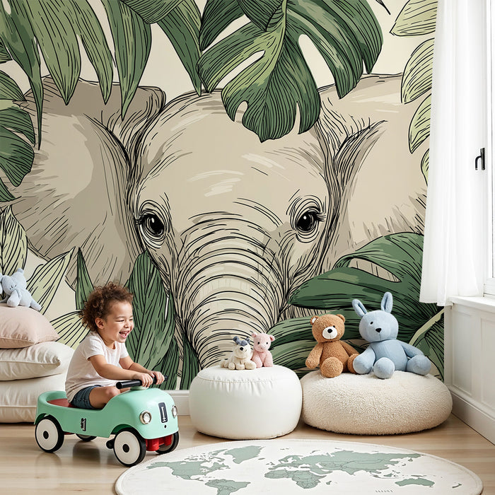 Barntapet | Elegant elefant gömd bland tropiska blad
