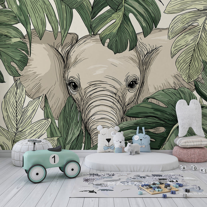 Barntapet | Elegant elefant gömd bland tropiska blad