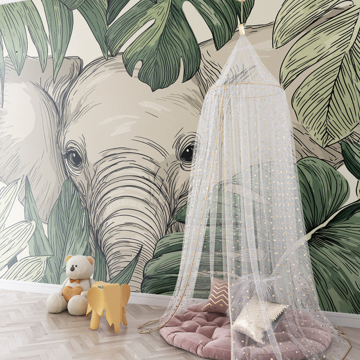 Barntapet | Elegant elefant gömd bland tropiska blad