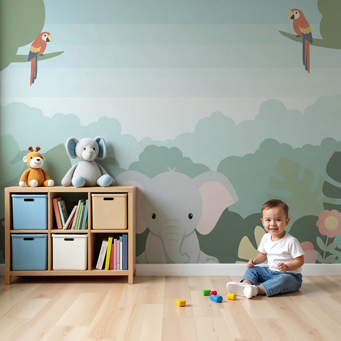Tapet barnerom | Elegant elefant og giraff i en fargerik jungel
