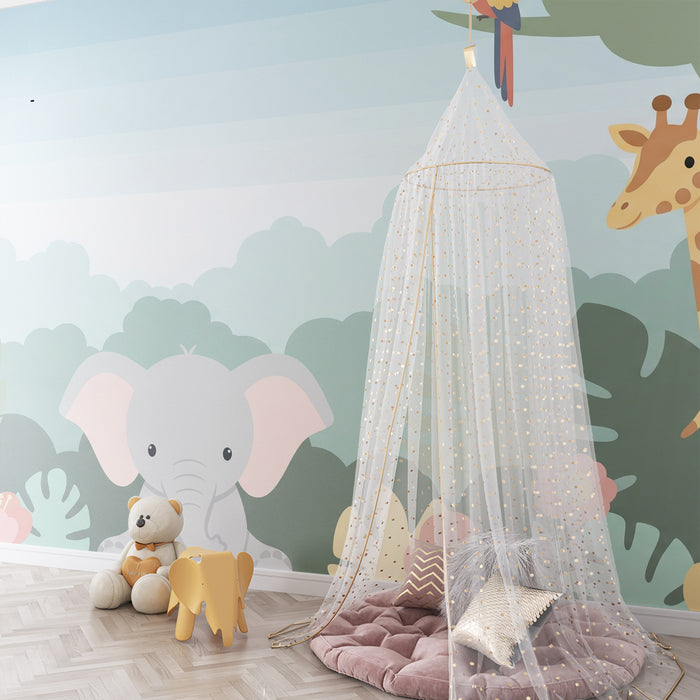 Tapet barnerom | Elegant elefant og giraff i en fargerik jungel