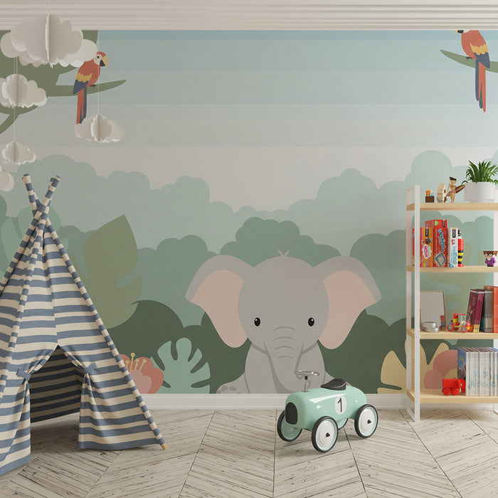 Tapet barnerom | Elegant elefant og giraff i en fargerik jungel