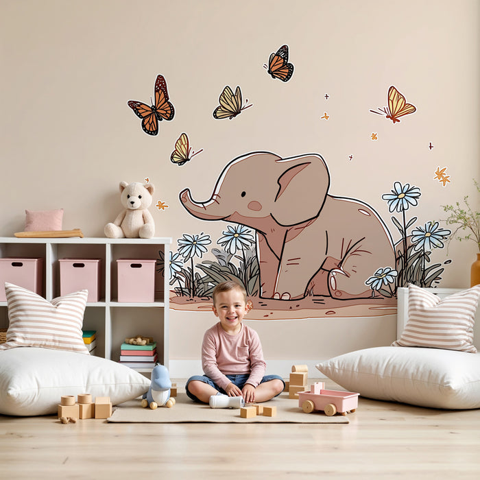 Tapet camera copil | Elefant elegant și fluturi într-o grădină