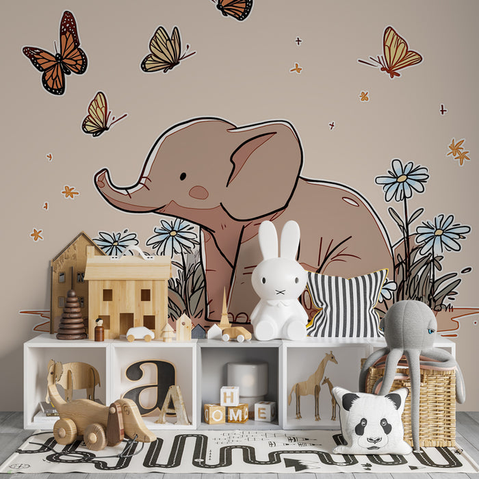 Tapet camera copil | Elefant elegant și fluturi într-o grădină