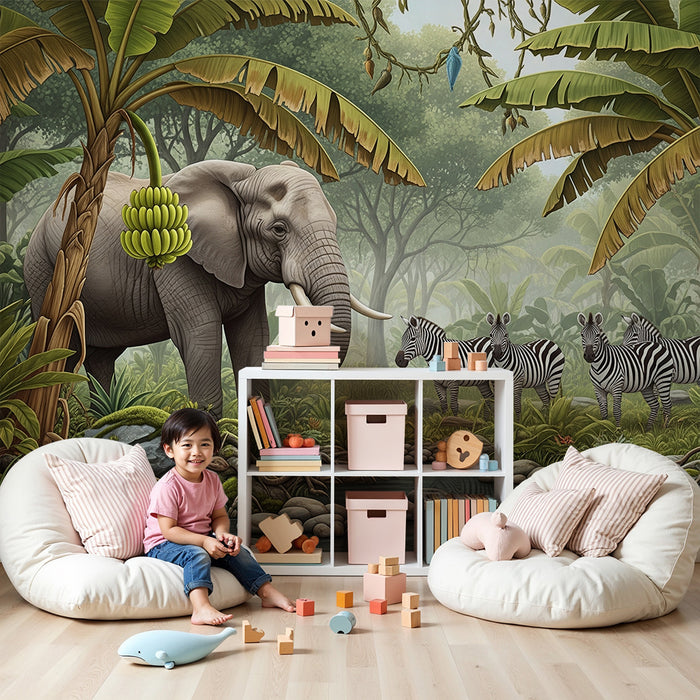 Kids room wallpaper | Elegant elephant and zebras in a lush jungle
