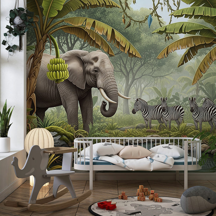 Kids room wallpaper | Elegant elephant and zebras in a lush jungle