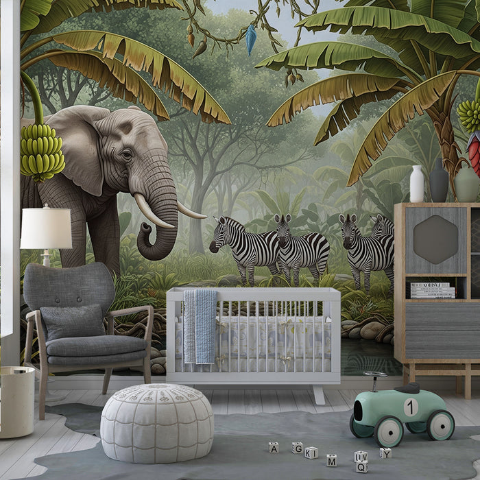 Kids room wallpaper | Elegant elephant and zebras in a lush jungle