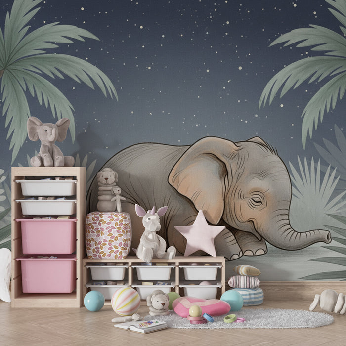 Kids room wallpaper | Elegant elephant under the stars