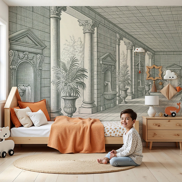 Children's bedroom wallpaper | Elegant gallery with fountains and lush plants