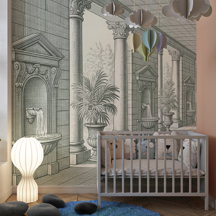 Children's bedroom wallpaper | Elegant gallery with fountains and lush plants