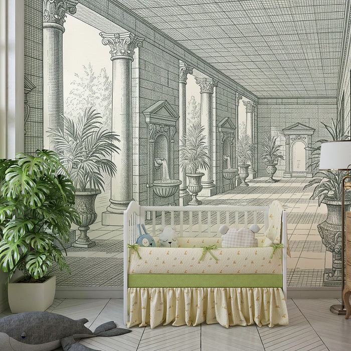 Children's bedroom wallpaper | Elegant gallery with fountains and lush plants