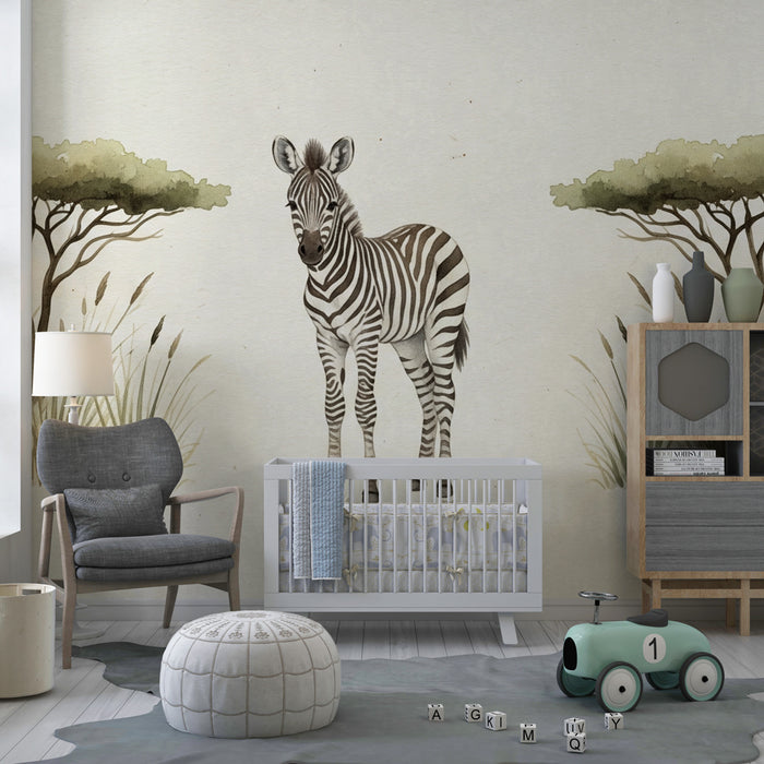 Papier peint chambre enfant | Élégante girafe et paysages d'Afrique