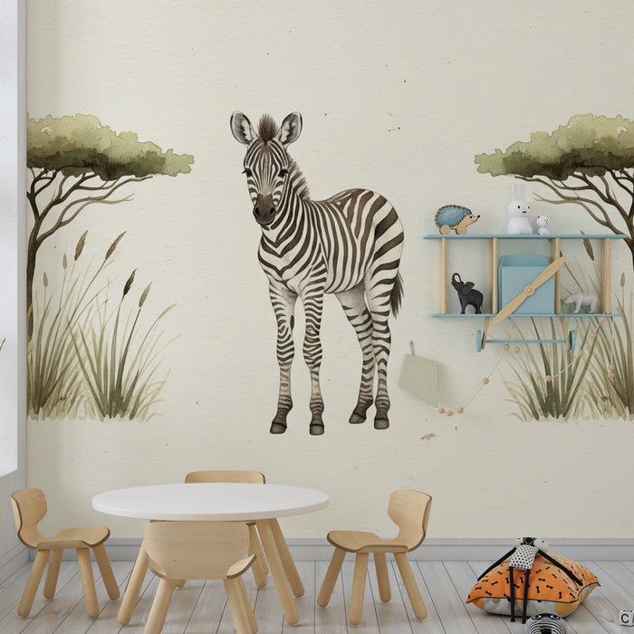 Papier peint chambre enfant | Élégante girafe et paysages d'Afrique