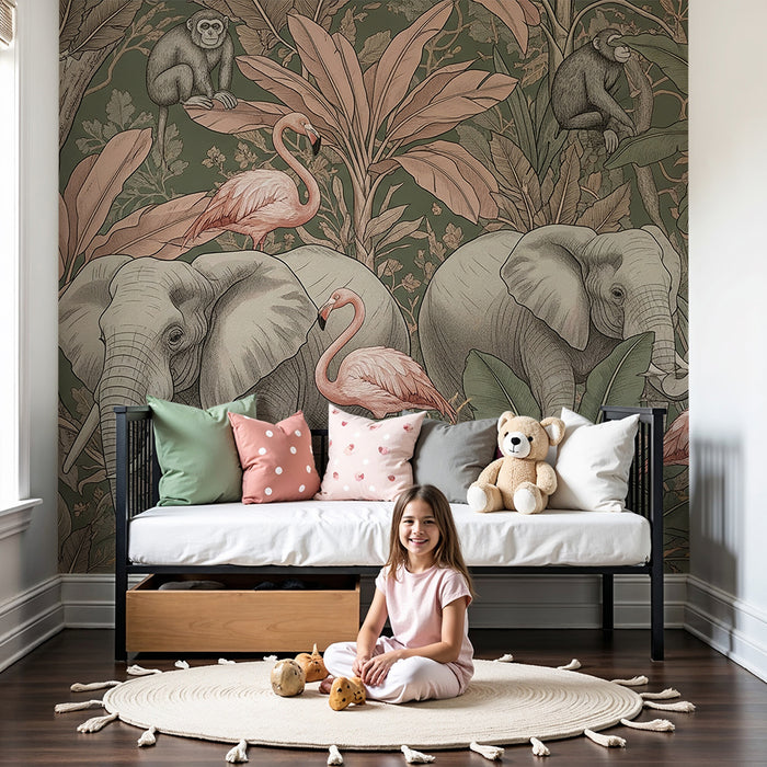 Kids room wallpaper | Elegant jungle with elephants and flamingos