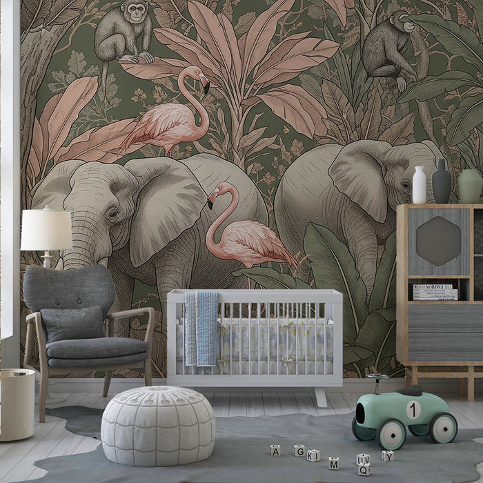 Kids room wallpaper | Elegant jungle with elephants and flamingos