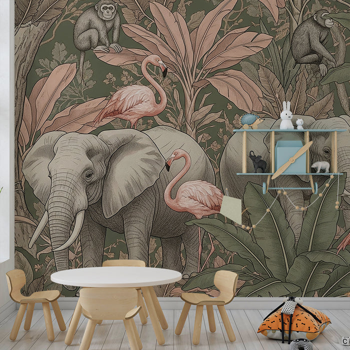 Kids room wallpaper | Elegant jungle with elephants and flamingos