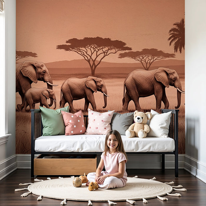 Tapet barnerom | Elegant savanne med elefanter og sebraer