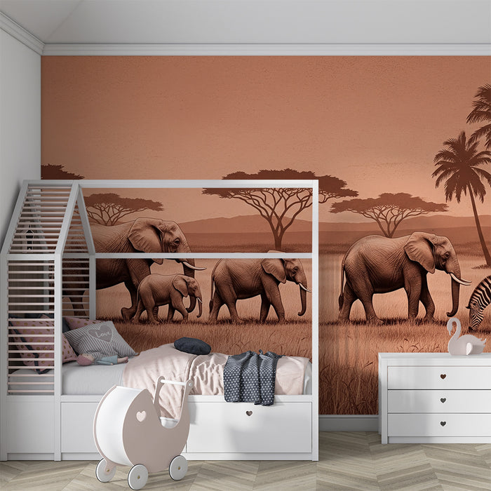 Tapet barnerom | Elegant savanne med elefanter og sebraer
