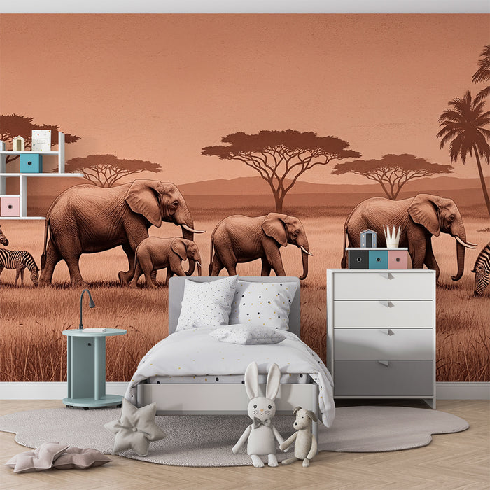 Tapet barnerom | Elegant savanne med elefanter og sebraer