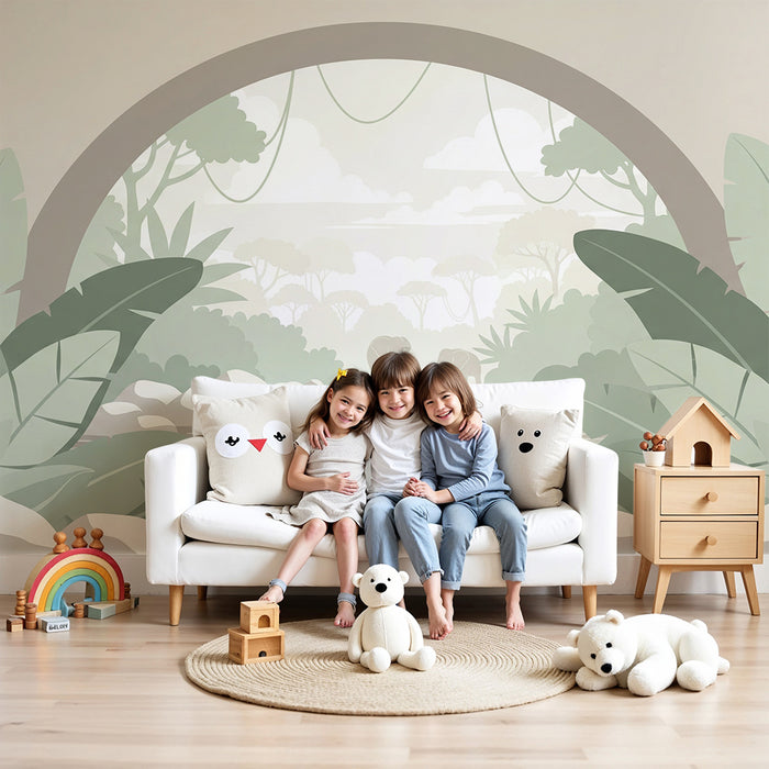 Papier peint chambre enfant | Élégante scène de jungle avec des éléphants et une végétation luxuriante
