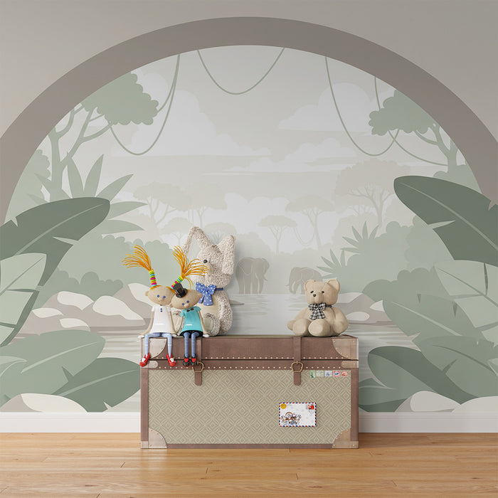Papier peint chambre enfant | Élégante scène de jungle avec des éléphants et une végétation luxuriante