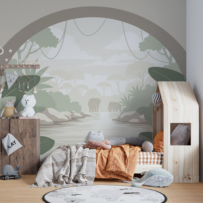Papier peint chambre enfant | Élégante scène de jungle avec des éléphants et une végétation luxuriante