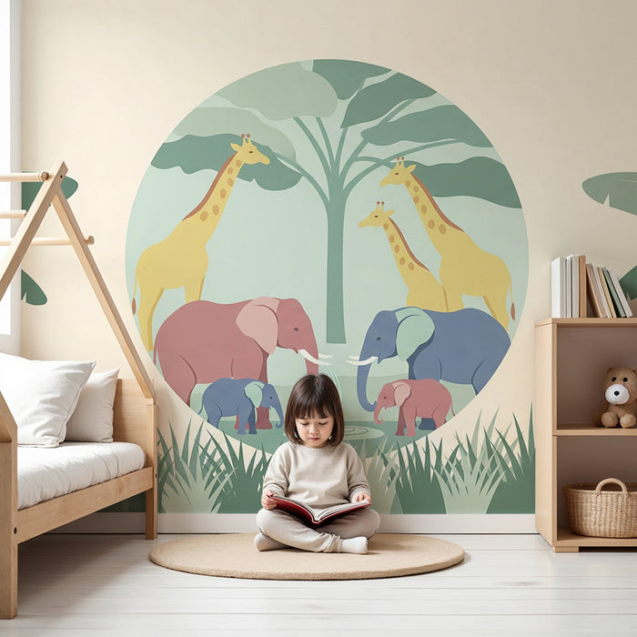 Papel de parede criança | Cena elegante da selva com elefantes e girafas coloridas