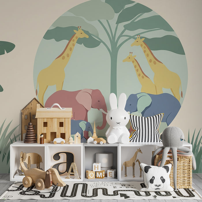 Papel de parede criança | Cena elegante da selva com elefantes e girafas coloridas