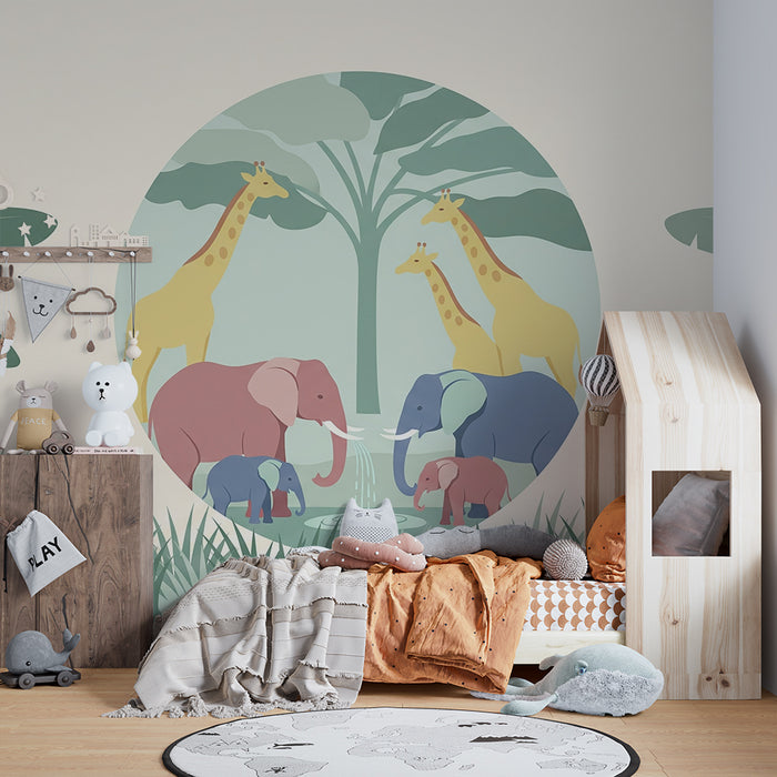 Papel de parede criança | Cena elegante da selva com elefantes e girafas coloridas