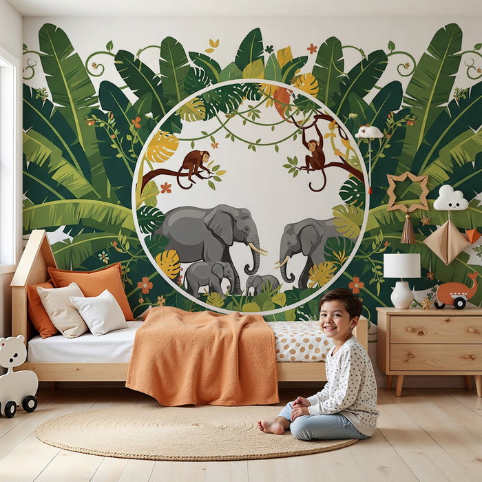 Tapet barnerom | Elegant jungelscene med elefanter og aper