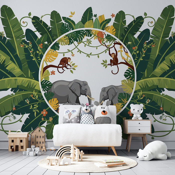 Tapet barnerom | Elegant jungelscene med elefanter og aper