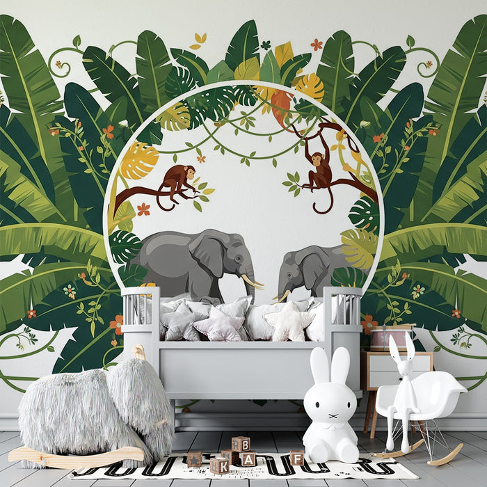 Tapet barnerom | Elegant jungelscene med elefanter og aper