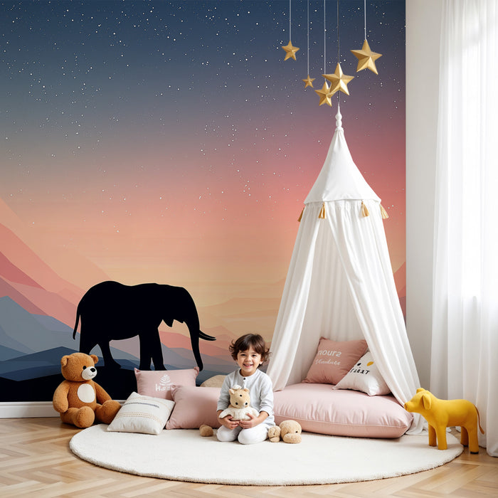Papier peint chambre enfant | Élégante silhouette d'éléphant au coucher de soleil