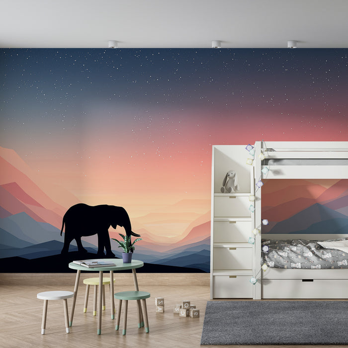 Papier peint chambre enfant | Élégante silhouette d'éléphant au coucher de soleil