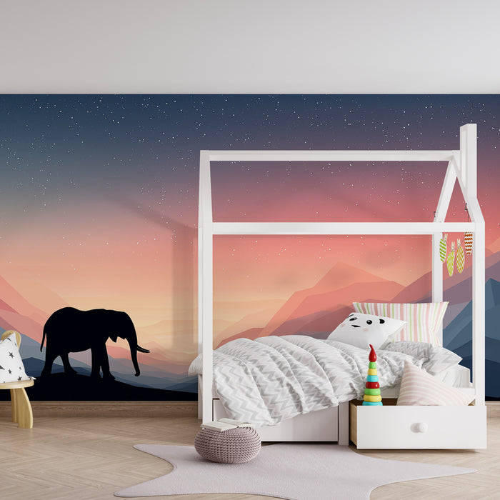 Papier peint chambre enfant | Élégante silhouette d'éléphant au coucher de soleil