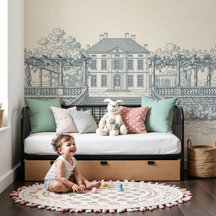 Children's bedroom wallpaper | Elegant villa with pergola and lush green landscapes