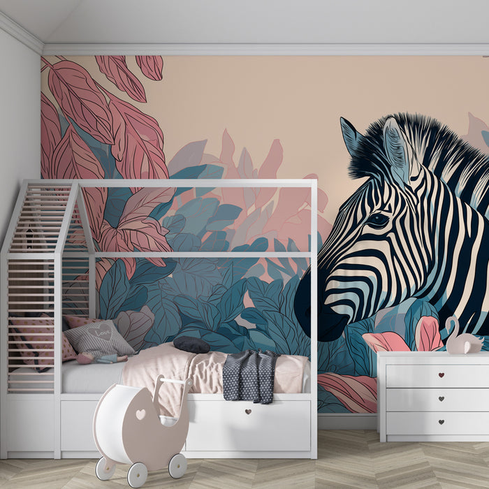 Papier peint chambre enfant | Élégante zebra au milieu de la jungle