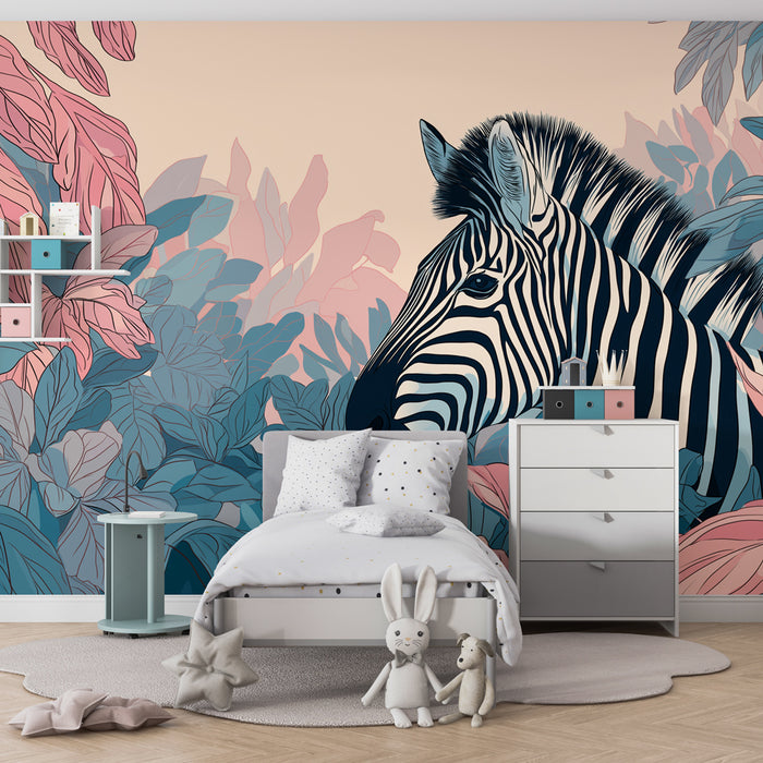 Papier peint chambre enfant | Élégante zebra au milieu de la jungle