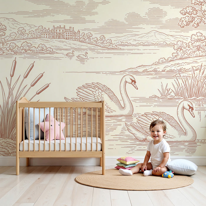 Papier peint chambre enfant | Élégantes cygnes au bord d'un lac paisible