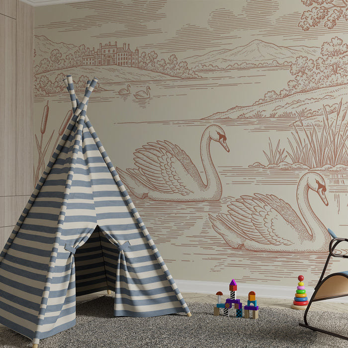 Papier peint chambre enfant | Élégantes cygnes au bord d'un lac paisible