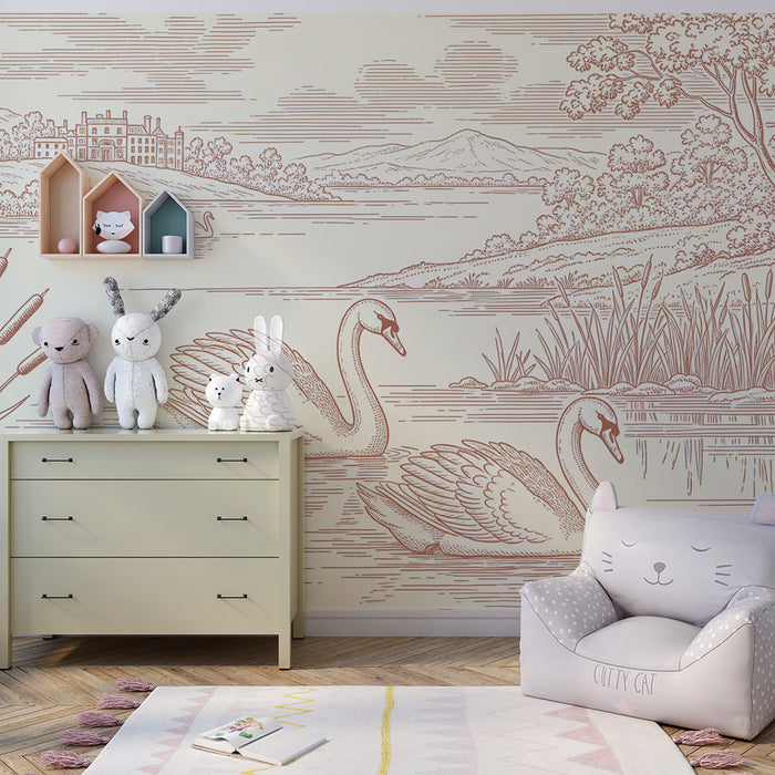 Papier peint chambre enfant | Élégantes cygnes au bord d'un lac paisible