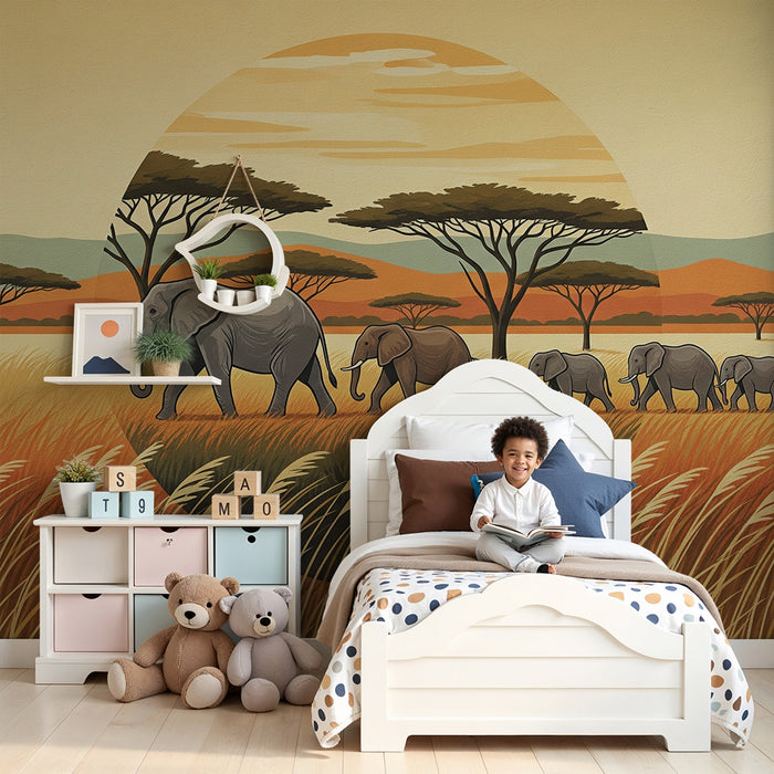 Χαρτί τοίχου παιδικό δωμάτιο | Κομψοί ελέφαντες στη χρυσή σαβάνα