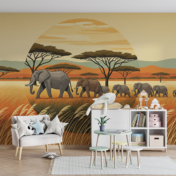 Χαρτί τοίχου παιδικό δωμάτιο | Κομψοί ελέφαντες στη χρυσή σαβάνα