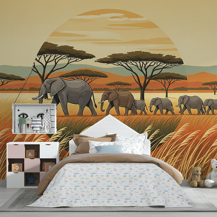Χαρτί τοίχου παιδικό δωμάτιο | Κομψοί ελέφαντες στη χρυσή σαβάνα