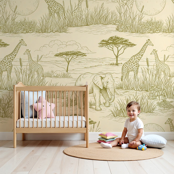 Tapeta do pokoje dětí | Elegantní žirafy a sloni v savaně