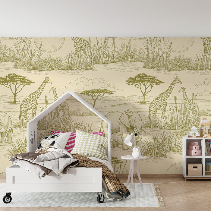 Tapeta do pokoje dětí | Elegantní žirafy a sloni v savaně