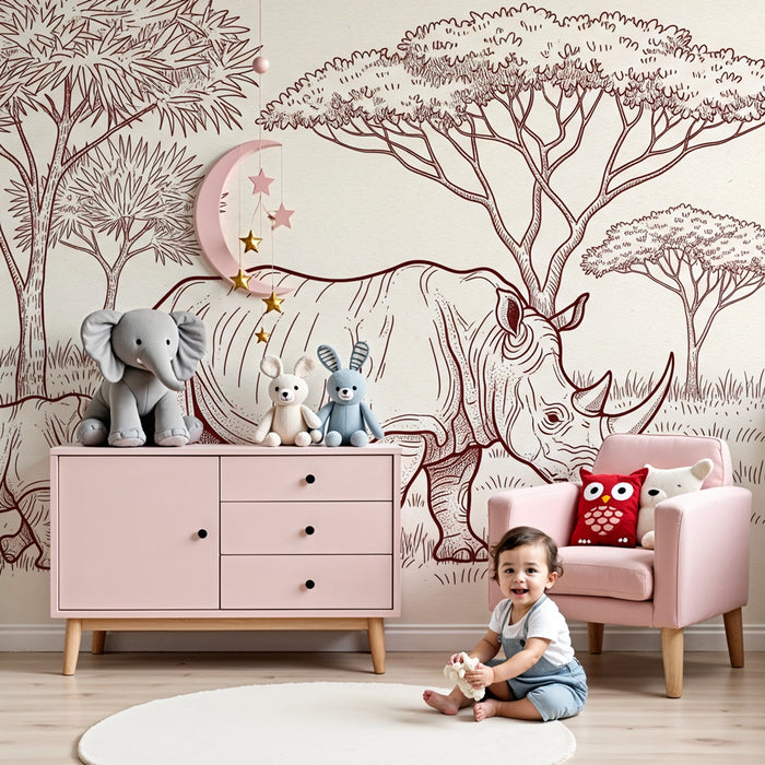 Papier peint chambre enfant | Élégantes rhinocéros dans la savane