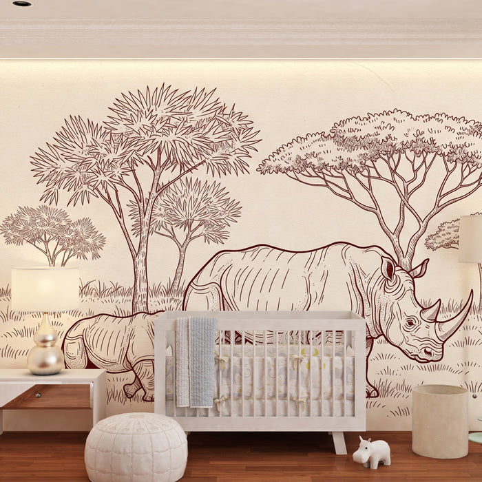 Papier peint chambre enfant | Élégantes rhinocéros dans la savane